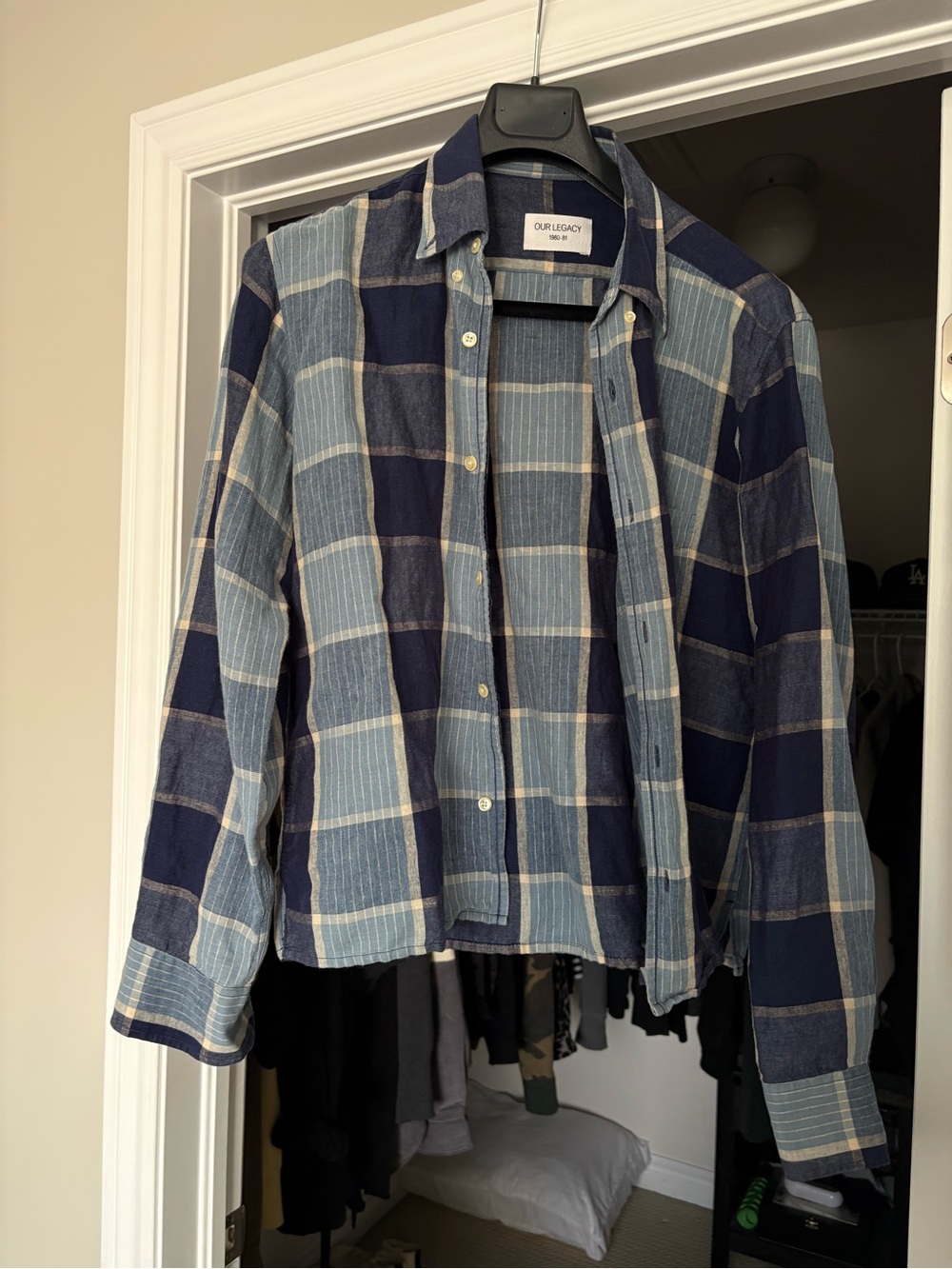 Our Legacy Navy and Light Blue Plaid Linen Shirt